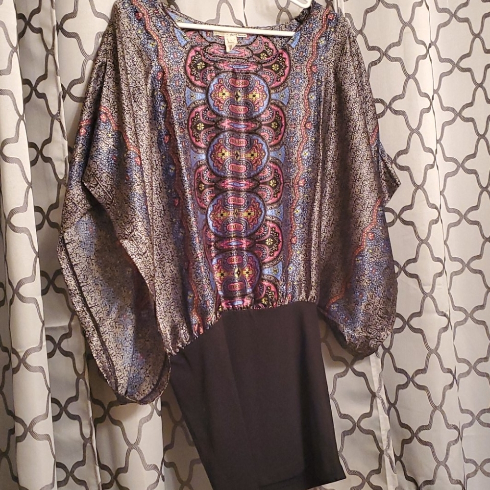 Boho Paisley Tunic Top L -Multicolor Kaftan Batwing Festival Glam Retro Hippie
